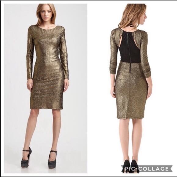 Alice and Olivia Gold Metallic Bodycon Midi Cocktail Party Dress - Picture 1 of 13